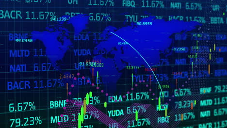 animation of graphs with changing numbers over map against trading board on abstract background