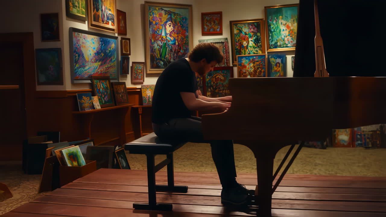 Man playing piano in an art gallery