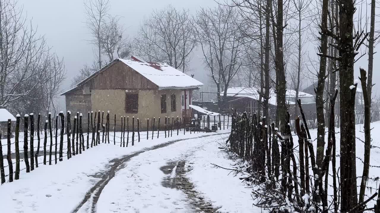 Agriculture road in winter season in heavy snowfall rural village freezing cold season and wooden cabin forest Iran USA countryside mountain driving nature Hyrcanian Gilan Rasht Talesh lifestyle