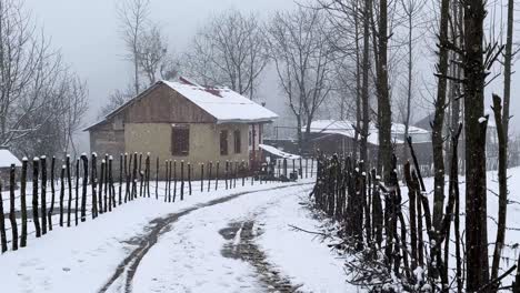 agriculture road in winter season in heavy snowfall rural village freezing cold season and wooden cabin forest iran usa countryside mountain driving nature hyrcanian gilan rasht talesh lifestyle