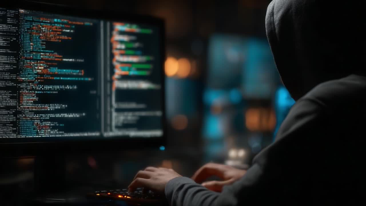 A Mysterious Coder Engaged in Intricate Programming at Night, Illuminated by the Glowing Screen Displaying Streams of Code and Data Analysis