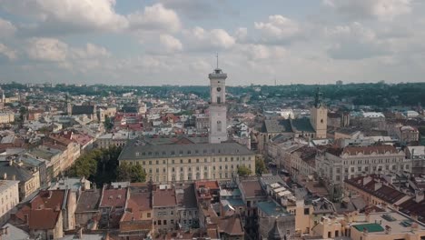 Aerial-drone-footage-of-european-city-Lviv,-Ukraine.-Flight-above-popular-ancient-part-of-old-town