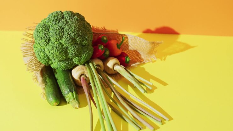 Video of fresh vegetables with copy space over yellow background
