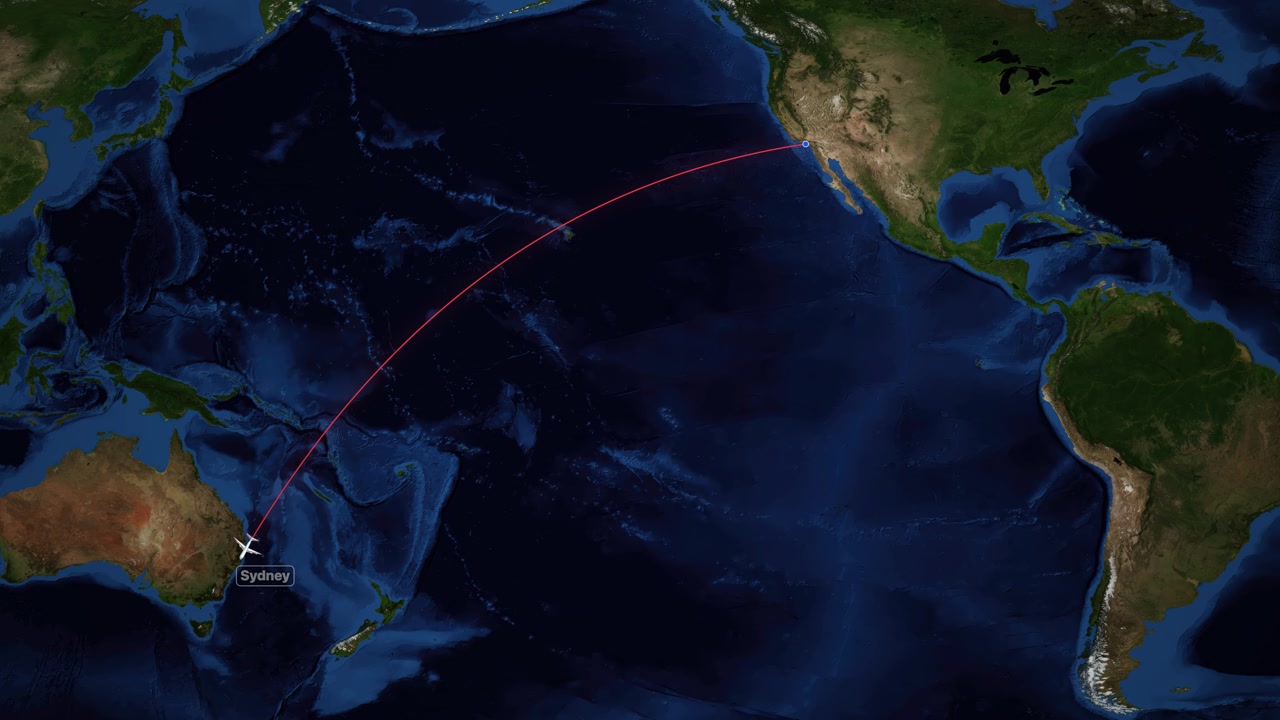 Motion graphics animation follows a red flight path from Los Angeles to Sydney Australia