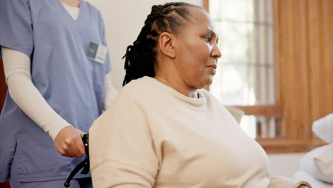 nurse, senior black woman and push wheelchair