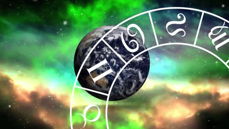 Animation-of-horoscope-star-sign-wheel-and-globe-over-vibrant-coloured-clouds