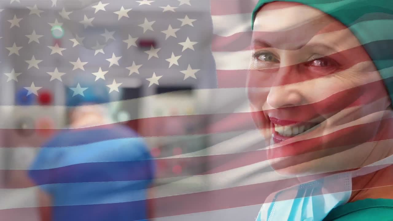 외과의사 위에 흔들리는 미국 국기의 애니메이션