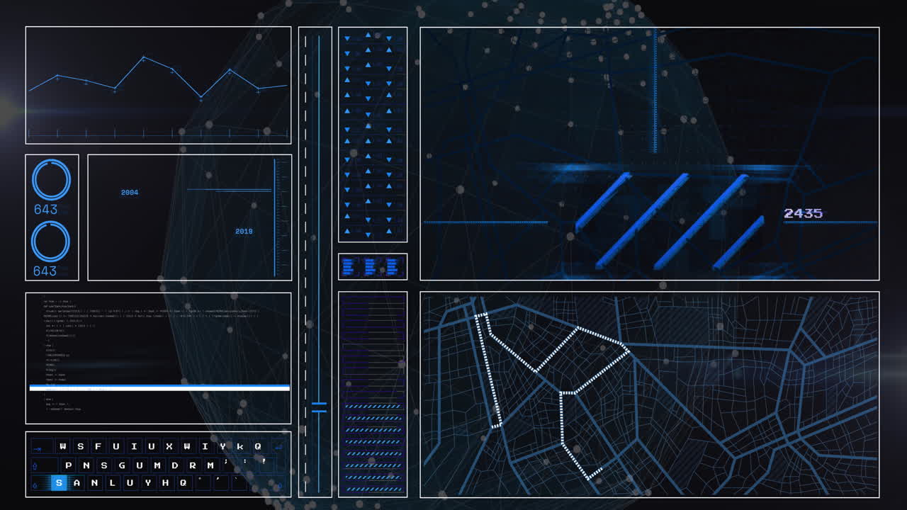 Animation of digital data processing on screen over globe of connections