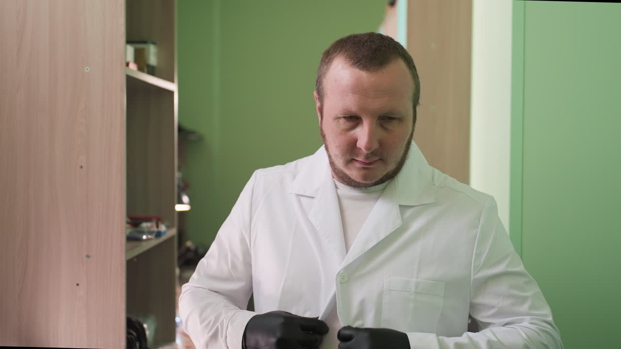 una vista frontal de un hombre meticulosamente abotonando su bata de laboratorio en un entorno profesional, el hombre está usando guantes negros