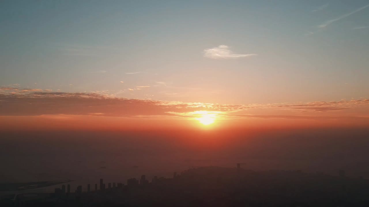 Sunrise drone shot, dawn sunlight