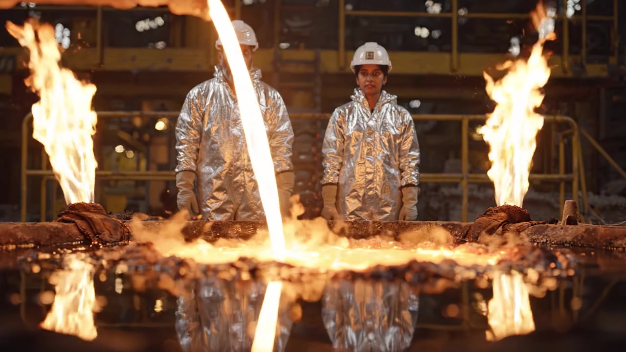 Procédé de moulage de métal dans une fonderie : des ouvriers en équipement de protection supervisent le métal en fusion coulant dans un moule, entourés de flammes et de fumée.