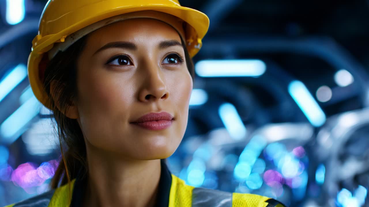 A confident construction worker wearing a yellow hard hat gazes thoughtfully into the distance, showcasing determination and focus amidst a vibrant industrial background with glowing blue lights