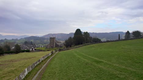 Drone,-aerial-footage-of-the-historic-village-of-Hawkshead-a-ancient-town-in-the-Lake-District,-Cumbria