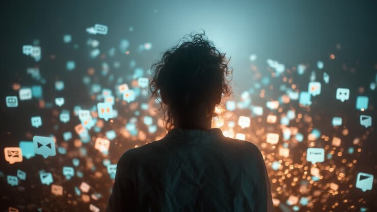 Una figura contemplativa immersa in un mare di icone e simboli digitali, che rappresenta la natura opprimente della comunicazione moderna e delle connessioni sui social media