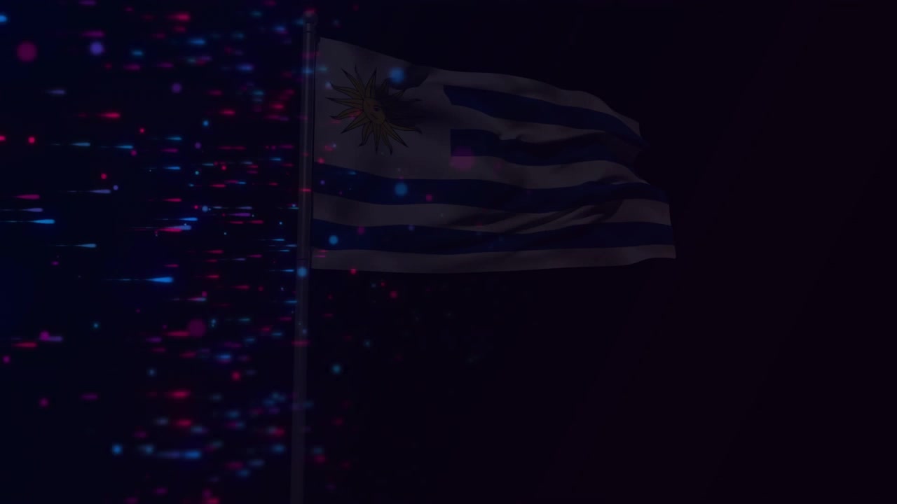 Gentle breeze causing Uruguay flag rippling under drifting red blue particles against night sky