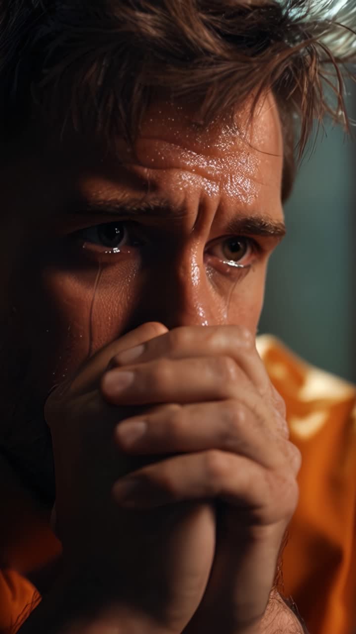 Turbulência emocional retratada em planos detalhe, capturando a profundidade do desespero e vulnerabilidade em um personagem usando uma roupa laranja, exibindo sentimentos intensos