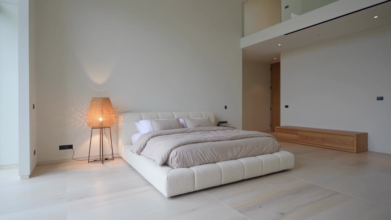 Panoramica della telecamera che rivela un basso letto a piattaforma bianco in una camera da letto minimalista, mettendo in risalto una lampada in vimini accesa.