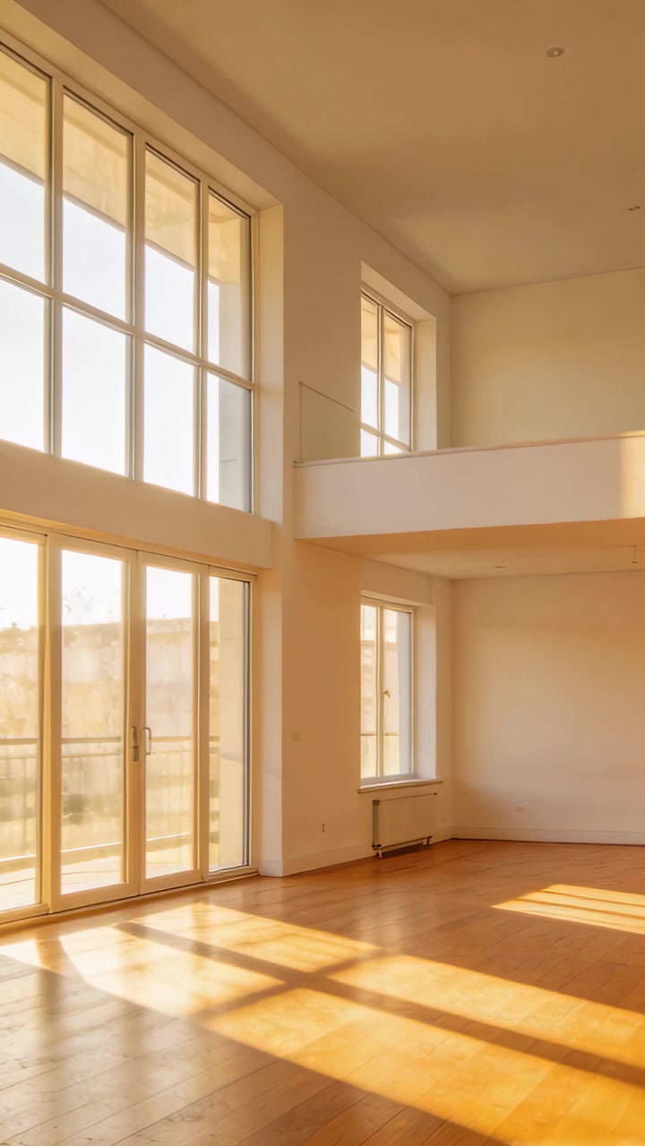 Video verticale: Telecamera che panoramica mostrando un soggiorno loft vuoto in casa, con finestre alte e pavimento illuminato dal sole.