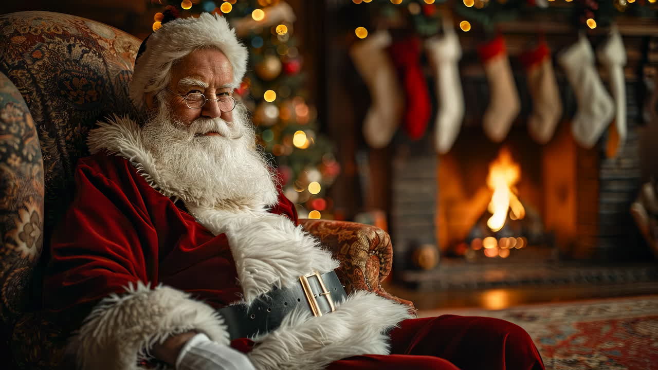 Santa by the Christmas fire. Santa sits in a cozy chair, surrounded by decorations, stockings, and a warm fire on a festive evening