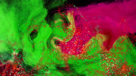 animation of glowing pink mesh moving over waving green and pink background