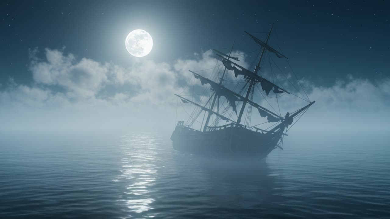 A ghostly ship sails through a fog-laden sea under the luminous glow of the full moon, casting an enchanting silhouette against the night sky with wispy clouds