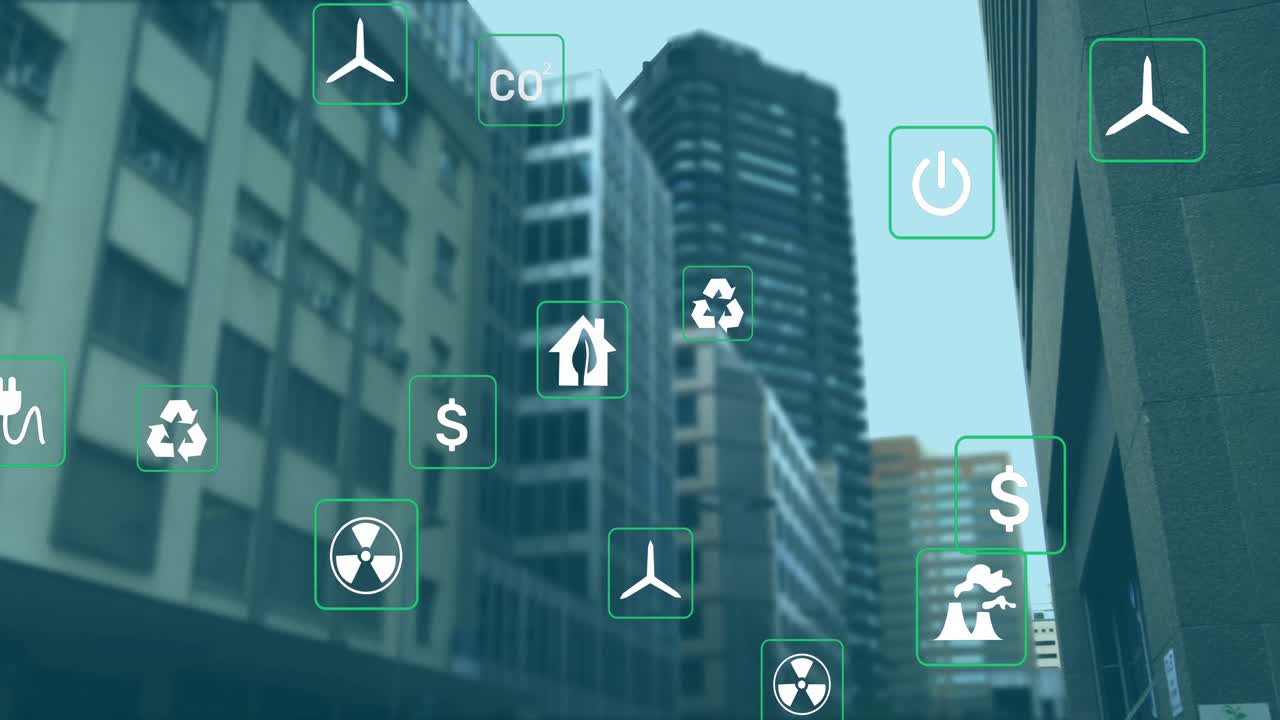 animación de iconos digitales sobre el paisaje urbano