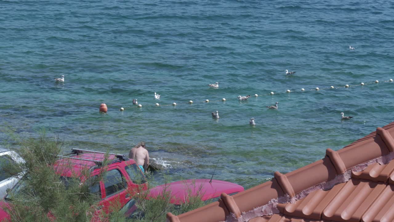 Distant view of shirtless person feeding seagulls