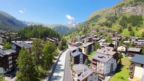 zermatt, switzerland, europe in spring, aerial view and flight towards matterhorn mountain in the swiss alps