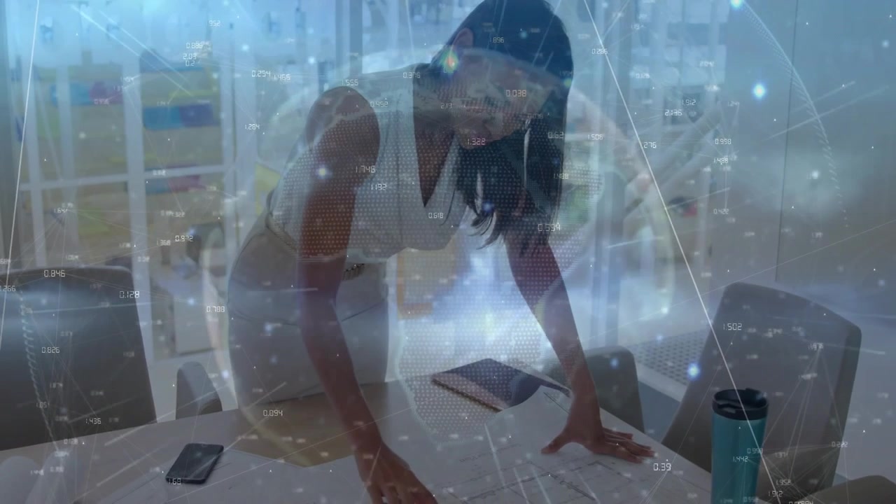 Businesswoman checking smartphone in tech office, showing floating network nodes connecting data
