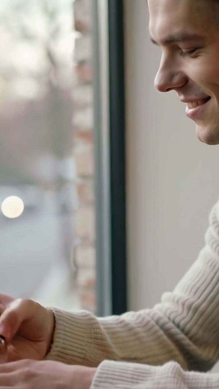 Video verticale: Uomo in maglione che legge, tocca il telefono vicino alla finestra di un caffè, con le mani giunte, spazio per il testo.