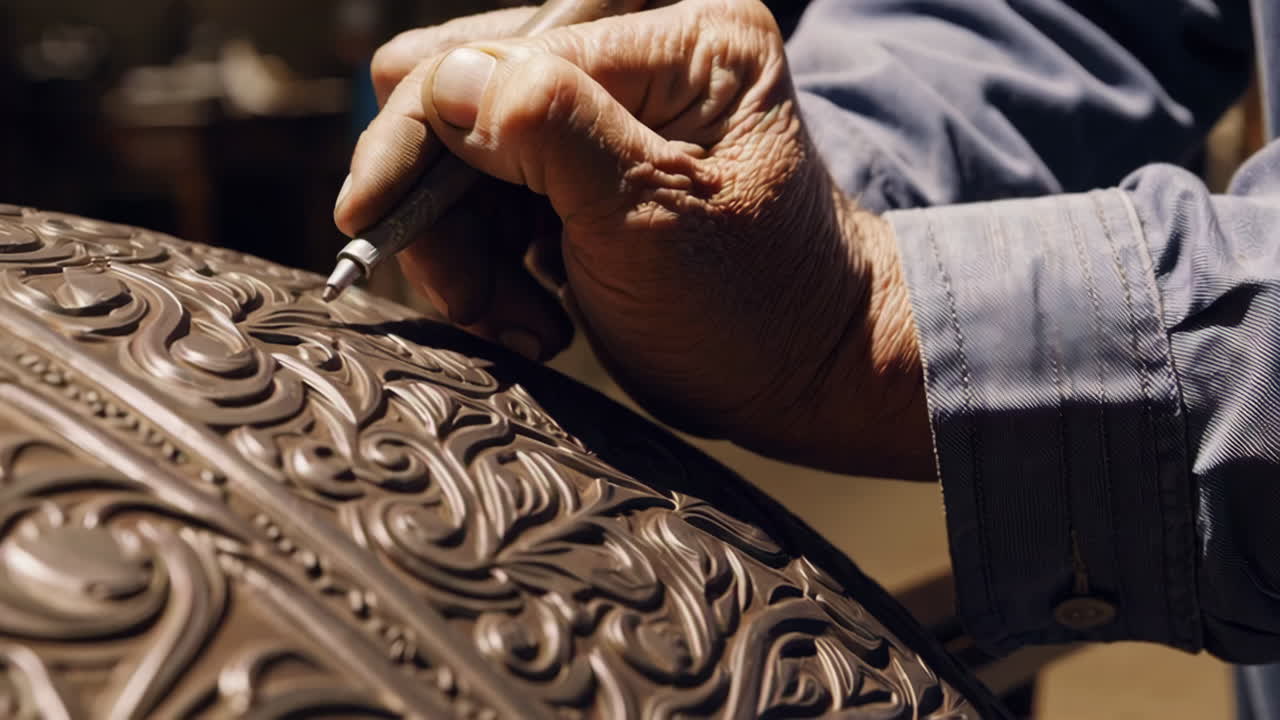 Senior Craftsman Working on Wood Carving Project in an Old Workshop