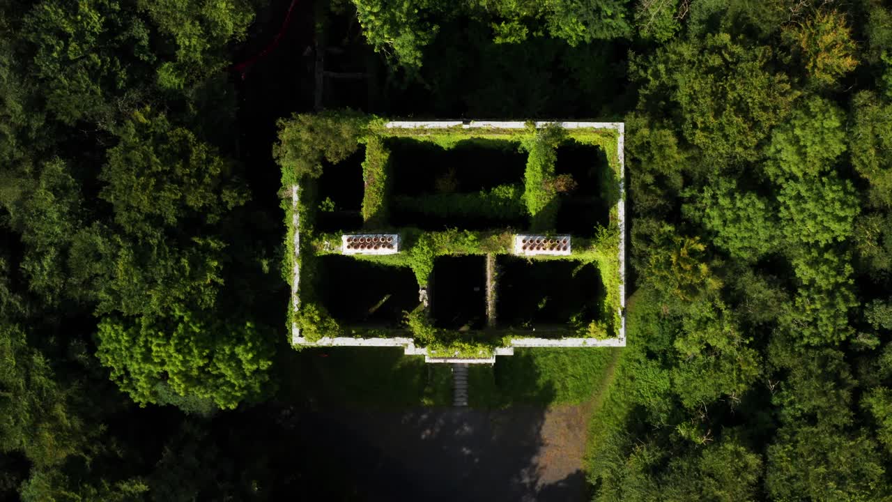 Aerial Ascending Shot of Overgrown Moore Hall Mansion with a Visitor Exploring