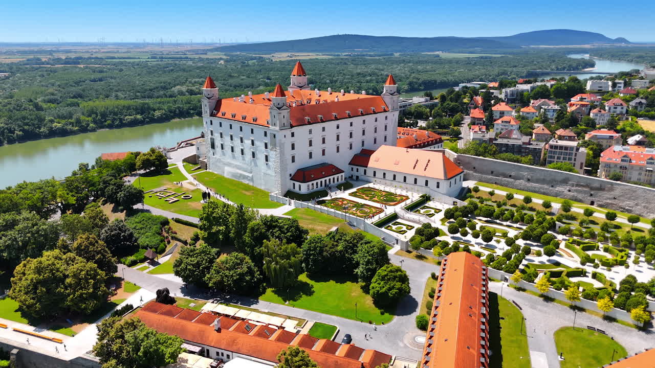 Beautiful well-kept territory of Bratislava Castle. Stunning old historical buildings surrounded by the gorgeous garden. Aerial perspective