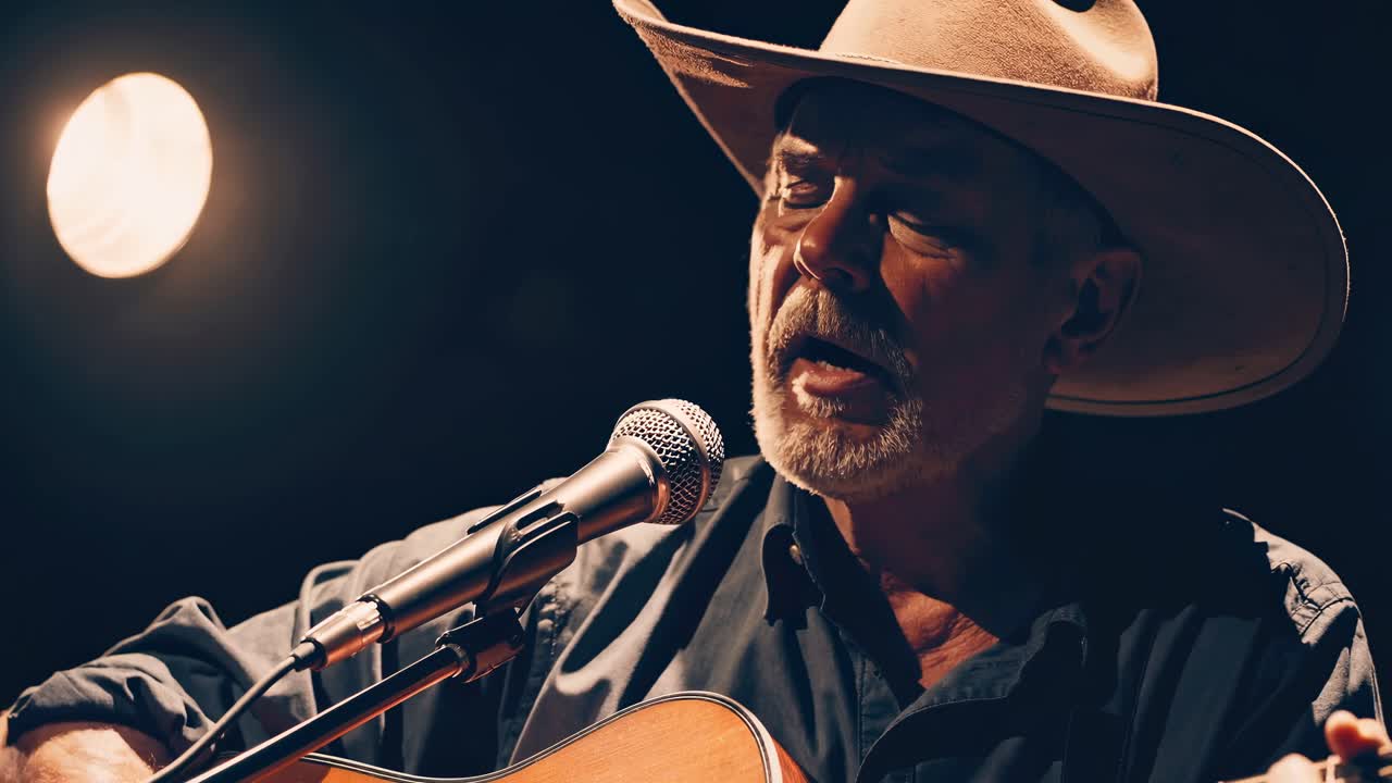 Un video ravvicinato cattura un cantante cowboy sotto i riflettori, che strimpella una chitarra.