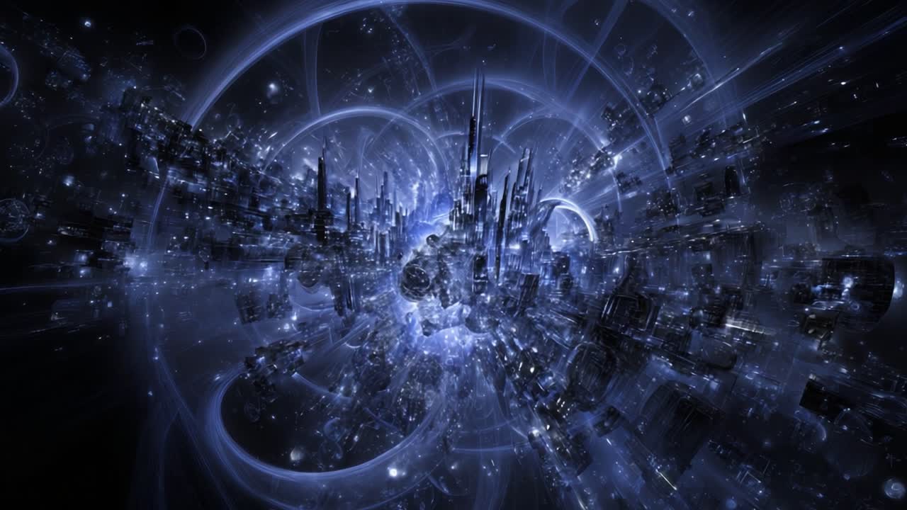 A mesmerizing digital landscape emerges from the depths of the cosmos, showcasing a vibrant interplay of blue hues, swirling lights, and intricate structures, evoking imagination and wonder