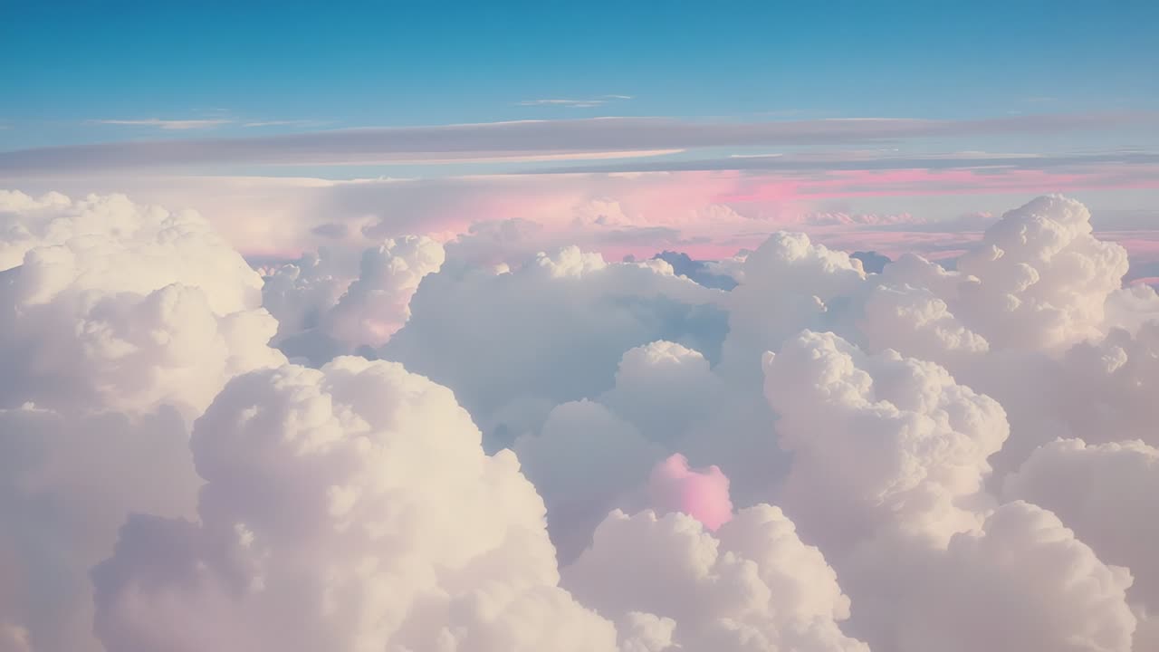 Sun rising above horizon casting soft pink glow over cumulus cloud layer at sunrise, gradient sky