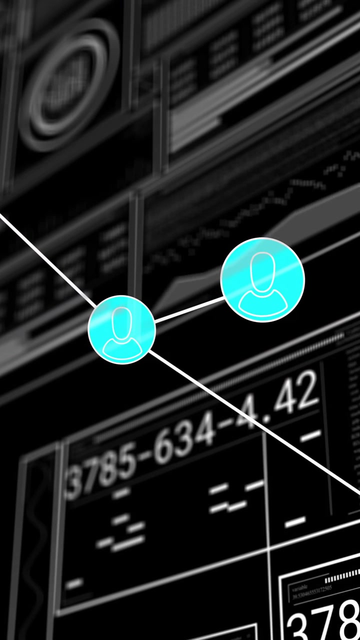Animation of network over charts and graphs processing data on black background