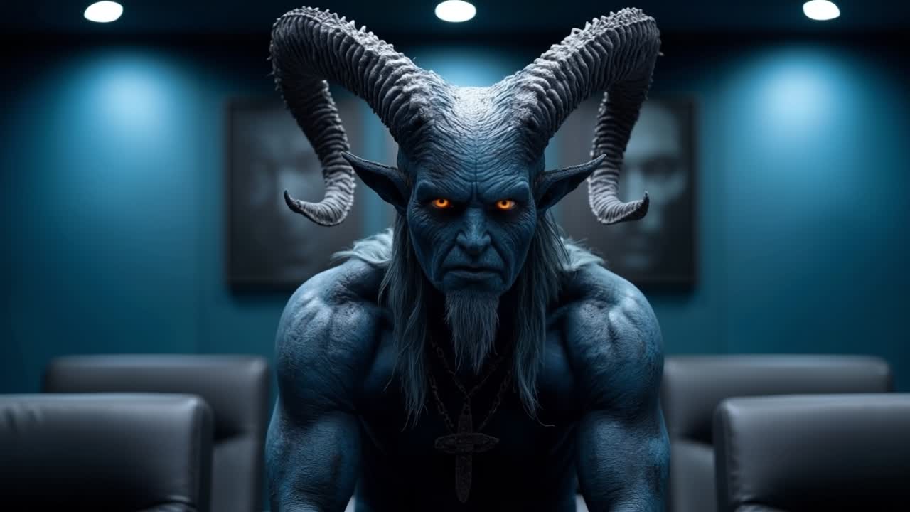 Menacing blue skinned demon creature with large horns sitting in a dark moody modern office interior