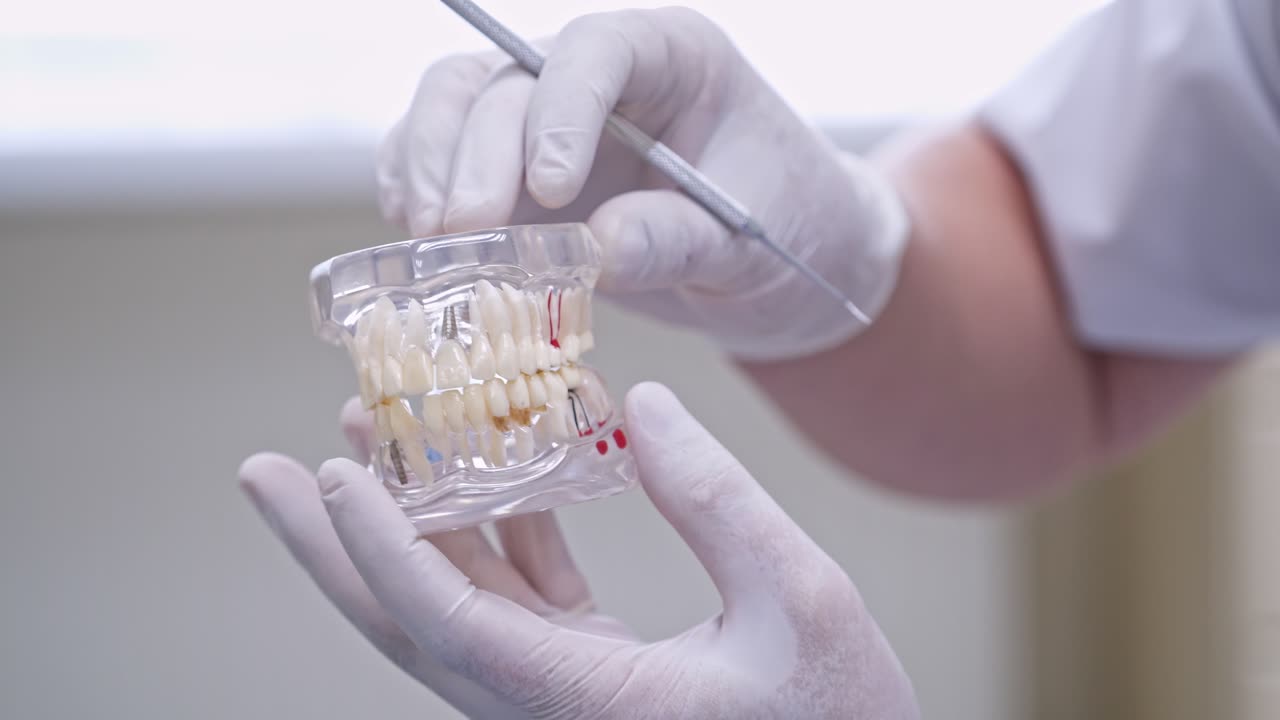 Doctor shows on a plastic jaw sample or model different methods of teeth treatment. Modern dental clinic background. Health concept. White medical gloves on male doctor's hands.