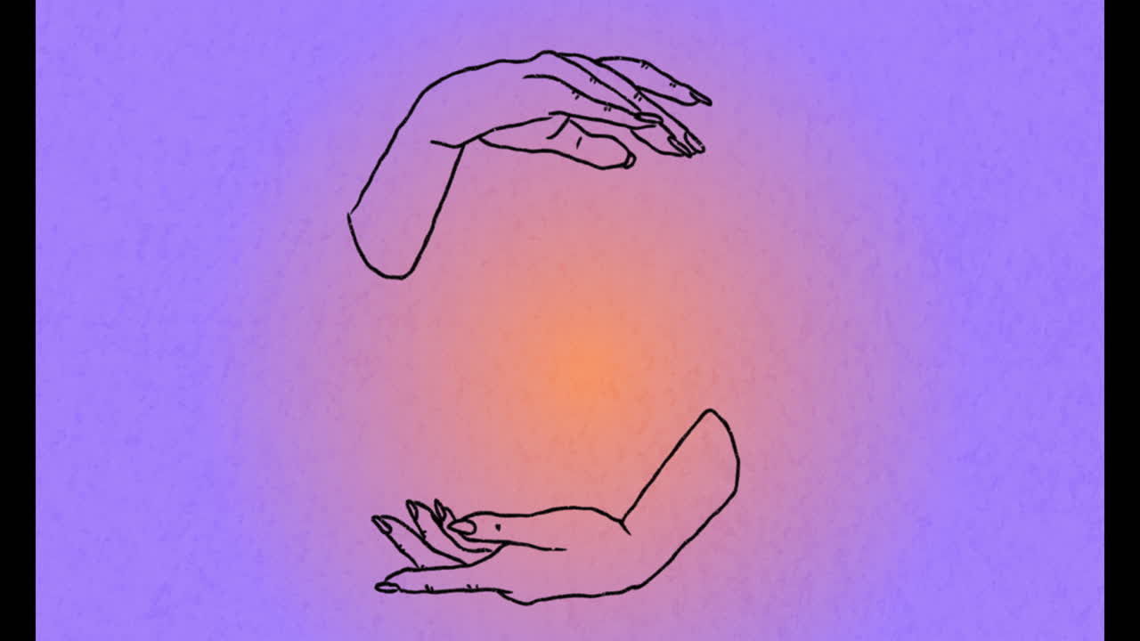 Animation of hands over light spot on purple background, copy space