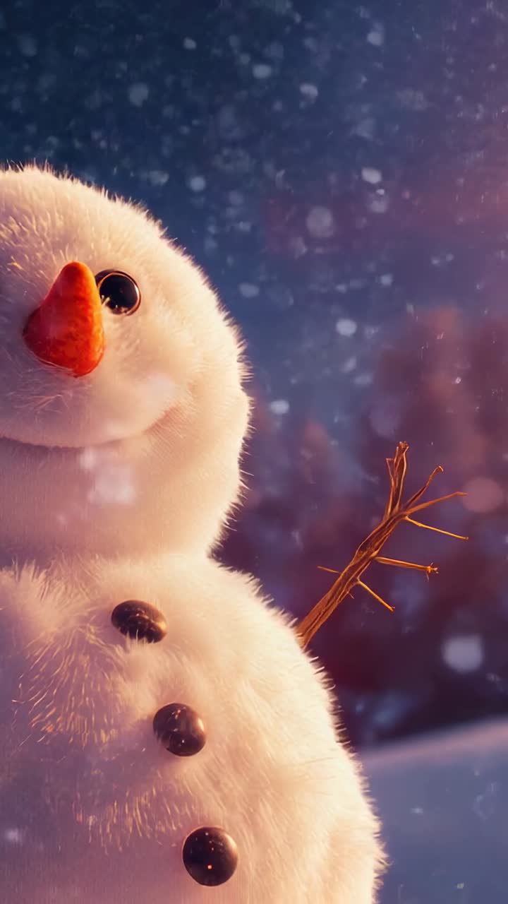 Vertical video: Snow intensifying around snowman with coal eyes carrot nose in woods, copy space