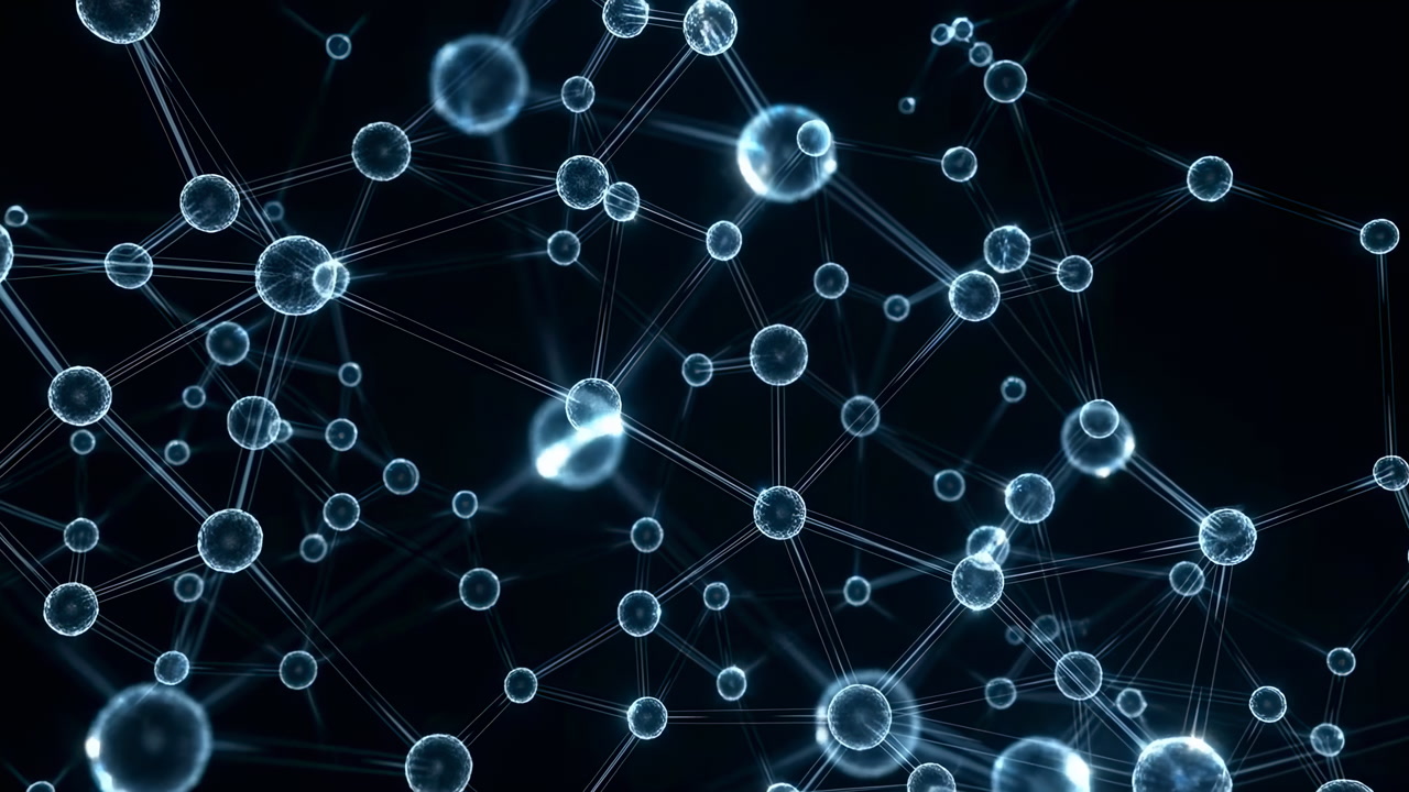 Glowing Node Network Connecting Digital Data Across Dark Field, Luminous Spheres Linked By Fine Filaments,