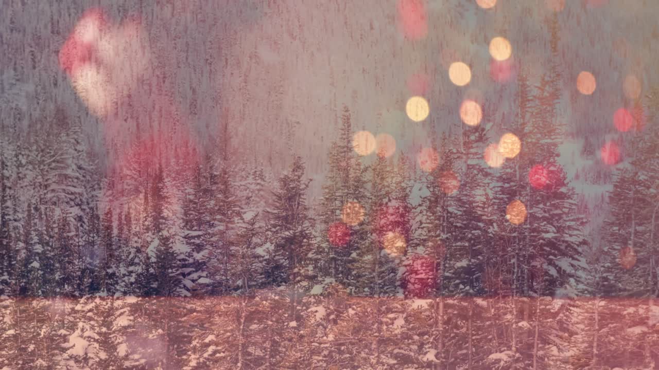 animación de múltiples manchas amarillas y rojas parpadeantes de luz sobre un paisaje de invierno