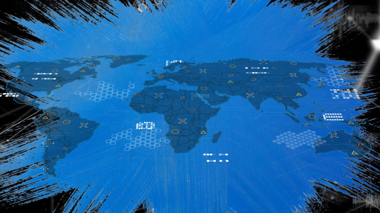 아이콘, 세계 지도 및 연결의 애니메이션 파란색 배경