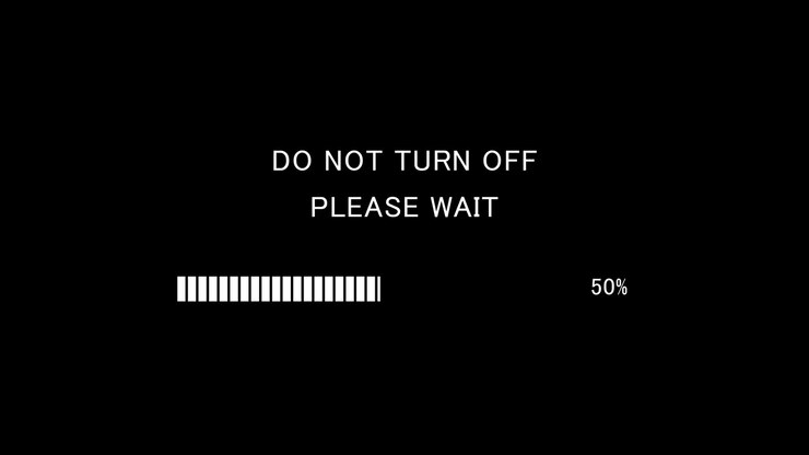Retro TV screen showing do not turn off please wait message with loading bar on black background, seamless loop