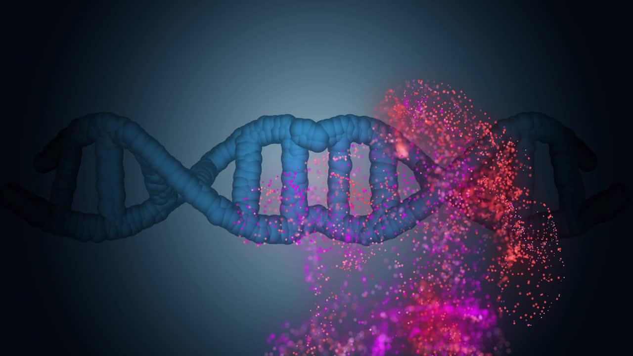 cadena de adn con partículas y efectos brillantes, animación de procesamiento de datos científicos