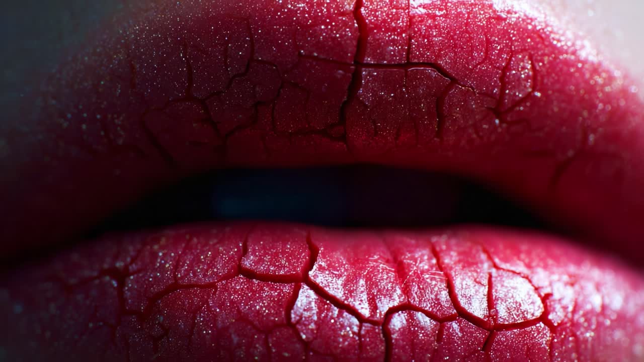 Primo piano macro di labbra voluttuose: bellezza accattivante con texture screpolata evidenziata in un rosso splendido e finitura lucida, che mette in mostra le complessità della cura e della valorizzazione delle labbra