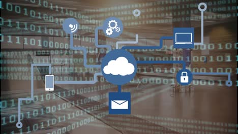 Animation-of-network-of-digital-icons-over-binary-coding-against-empty-office