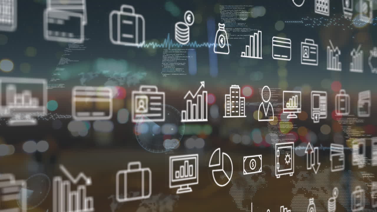 animación de iconos digitales y procesamiento de datos contra la vista borrosa del tráfico nocturno de la ciudad.