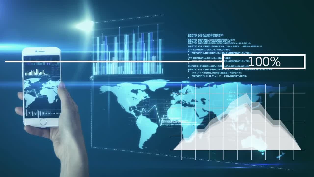 sección media de un hombre sosteniendo su teléfono inteligente contra los datos en el fondo